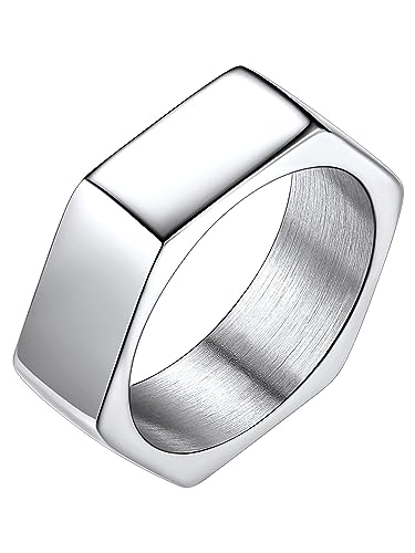 Richsteel Hexagon Stainless Steel Rings for Men - Modern Geometric 7MM Wide Men's Ring Jewelry in Silver/Black/Gold (Size 7-14)
