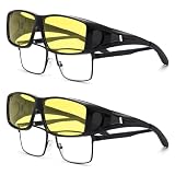 PUBOWT Polarized Fit Over Glasses Sunglasses for Men Women Driving Square Wrap Around Shades UV Protection Sun Eyewear 2Pack Black-NightVision Yellow Lenses