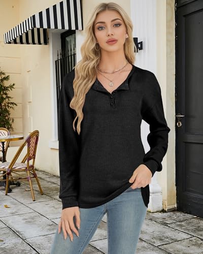 Image of AURUZA Long Sleeve Shirts for Women Henley Shirts Waffle Knit Tops Casual Loose V Neck Tunic Tops Fall Outfits Waffle TShirt