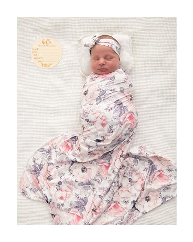 Image of Newborn Baby Girl Receiving Blanket Swaddle Blanket Stretchy Knit Swaddle Set with Matching Headband and Beanie (Ink Pink)