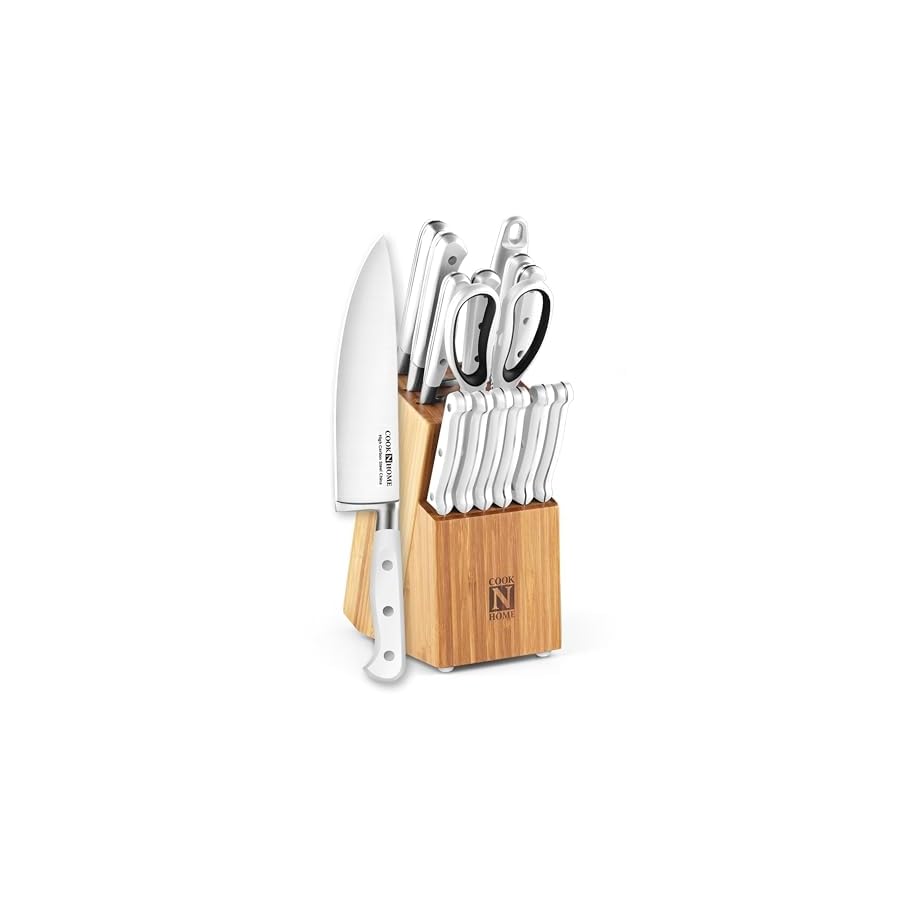 Cook-N-Home-Kitchen-Knife-Set-with-Bamboo-Storage-Block-15-Piece-High-Carbon-Stainless-Steel-Blade-White Cook N Home Kitchen Knife Set with Bamboo Storage Block 15-Piece, High Carbon Stainless Steel Blade, White