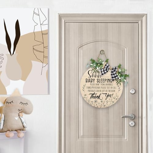 Image of Deroro Shhh Baby Sleeping Front Door Sign, Please Don't Ring Doorbell Wood Plaque Hanger Nursery Kids Infant Children Bedroom Decor, Farmhouse Wooden Wreath with Plaid Bow Wall Hanging Decoration