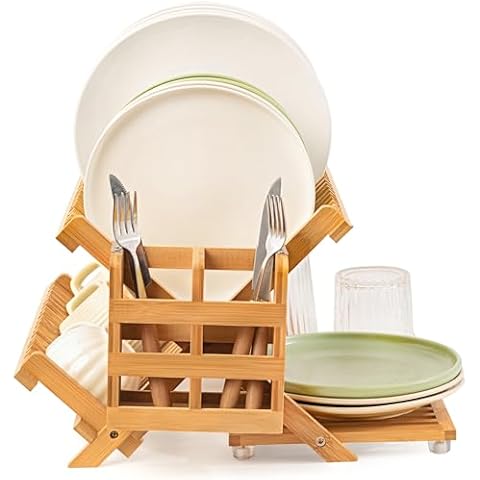 Oyydecor Bamboo Dish Drying Rack with Utensil Holder, 3 Tier Collapsible Dish Rack for Kitchen Counter, Large Folding Drying Holder, Dish Drainer, Kitchen Organizers and Storage Cover