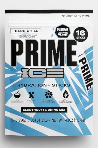PRIME HYDRATION ICE Sticks, Hydration Powder Single Serve Sticks, Electrolyte Powder On The Go, 250mg BCAAs, B Vitamins, Antioxidants, Low Sugar, Caffeine-Free, Vegan, 16 Sticks