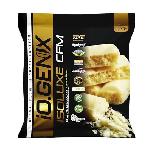 IOGENIX - Isoluxe CFM 500G | Proteína Isolate 91% (proteína aislada/isolada de suero) 500 g - Bajo en grasa, baja en lactosa, sin gluten, con DigeZyme y Lactospore (500g, White Chocolate)