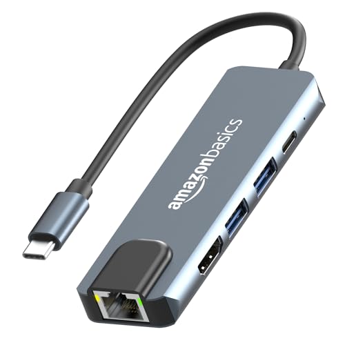 Image of Amazon Basics 5-in-1 Hub Multiport Adapter, USB Type-C, USB 3.0 Port, USB 2.0 Port, 4K@60hz HDMI, 100W PD Fast Charging, 100Mbps Ethernet for MacBook, DELL, HP, Lenovo & Other Type C Devices