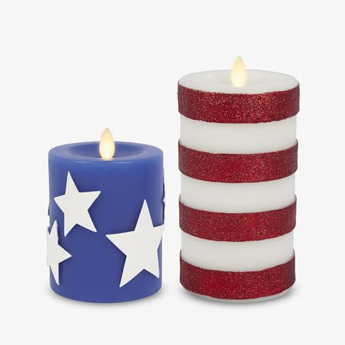 Luminara Flameless LED Stars & Stripes 2 Patriotic Americana Pillar Candles Timer Remote Ready American Flag Design for July 4th Memorial Day