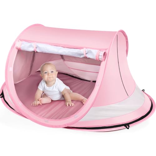 Baby Beach Tent, Large Pop Up Beach Tent Sun Shade with Mosquito Net, UPF 50+ UV Protection Sun Shelter (Pink)