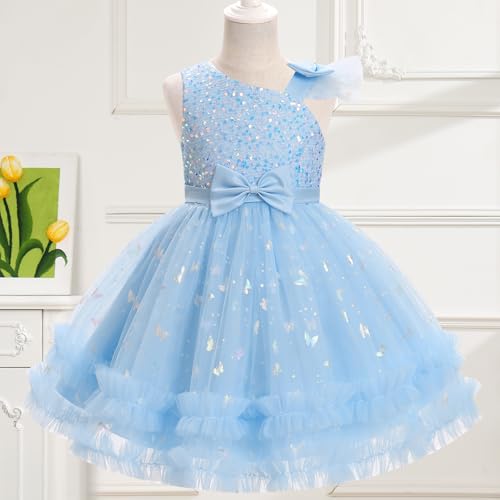 IMEKIS Toddler Baby Girls Pageant Dress Shiny Bow Asymmetric Shoulder Formal Birthday Party Tiered Tulle Gowns 1-8T2