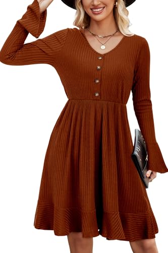 ULTRANICE Women's Sweater Dress Fall Long Bell Sleeve V Neck Button Casual Flared Winter...