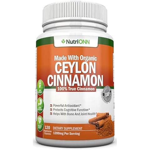 NutriONN Organic Ceylon Cinnamon - 1200mg - 120 Capsules - True Cinnamon - Powerful Antioxidant - Supports Immune Health & Heart Health - Joint & Bone Health Support Cover