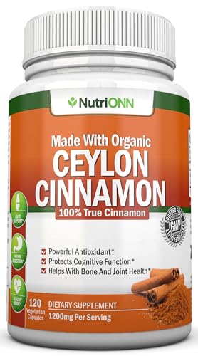 NutriONN Organic Ceylon Cinnamon - 1200mg - 120 Capsules - True Cinnamon - Powerful Antioxidant - Supports Immune Health & Heart Health - Joint & Bone Health Support