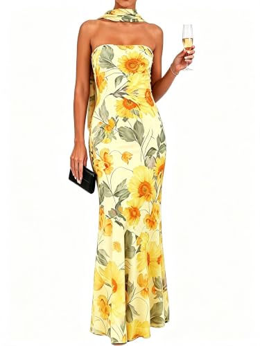 Women's Floral Strapless Tube Maxi Dress with Scarf, Bodycon Long Dress