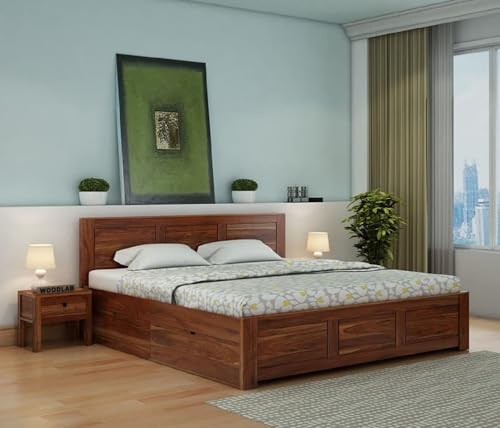 Image of WOODLAB Furniture Solid Sheesham Wood Queen Size Bed with 4 Side Drawer Storage | Wooden Double Bed Cot for Bedroom | Modern Wooden Palang Bed Furniture for Home | Honey Finish