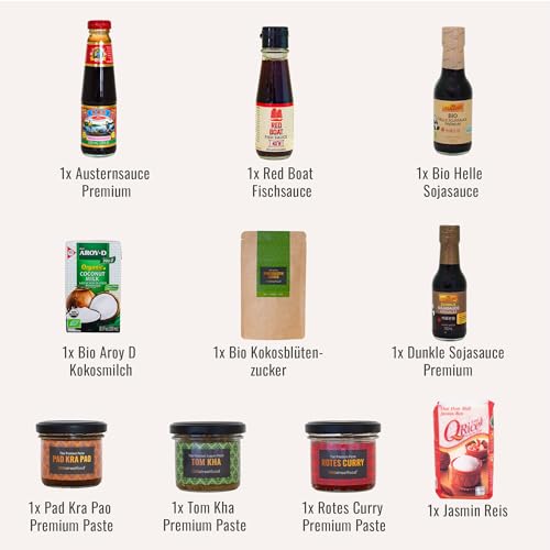 asiastreetfood Thai Curry Kochbox – Asia-Box mit Zutaten in Bio-Qualität & Rezeptkarten für 3 thailändische Gerichte – Für Pad Krapao, Rotes Curry & Tom Ka Gung – Asia-Geschenkset für Kochliebhaber