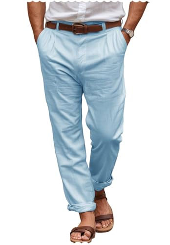 Men's Casual Linen Pants Lightweight Loose Fit Breathable Summer Beach Trousers in White