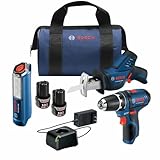 BOSCH GXL12V-310B22 12V Max 3 Tool Power Tool Combo Kit - Compact Cordless Drill Driver, Pocket Reciprocating Saw, and LED Worklight Set (Includes: 2 Batteries, Charger & Bag)
