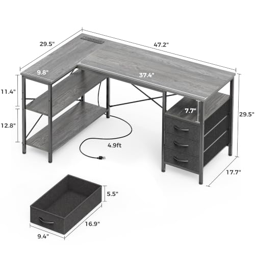 Image of Huuger L Shaped Office Desk with Power Outlets & 3 Drawers | 47 Inch Computer Desk with Shelves, for Gaming, Corner Work, Home Office, Study, Grey