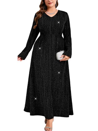 ZOMVA Plus Size Sparkly Formal Dress A-Line V-Neck Long Sleeve Glitter Maxi Gown Wedding Guest Cocktail Evening Party
