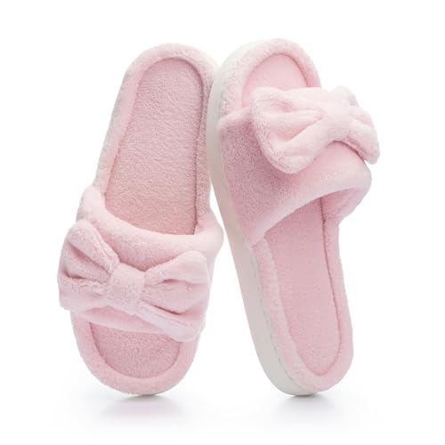 NineCiFun Womens Cute Bow Open-Toe Slippers Plush Faux Fur Lining Memory Foam Fuzzy House Shoes Non-Slip Indoor Outdoor Cozy Slippers Pink Size 7 8