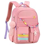 Mochila Escolar Feminina Preta Fofa com Pompom, Impermeável, Reforçada e Confortável para escola ou Viagem (88121-Rosa claro)