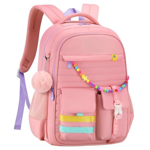 Mochila Escolar Feminina Preta Fofa com Pompom, Impermeável, Reforçada e Confortável para escola ou Viagem (88121-Rosa claro)