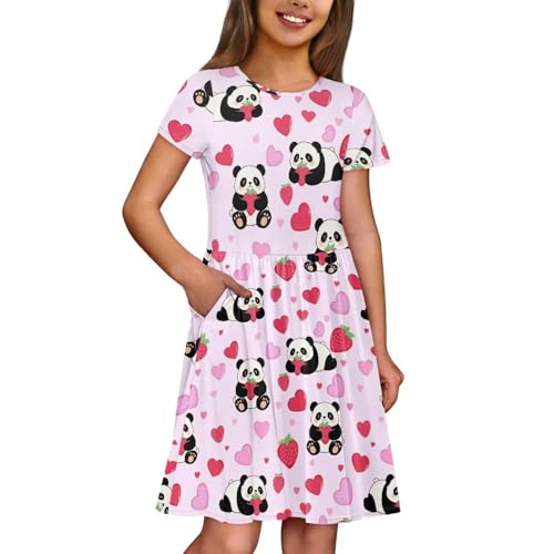 Image of Girls Dress with Pockets Basic Short Sleeve High Waist Swing Skater Dress School Party Dress for Kids