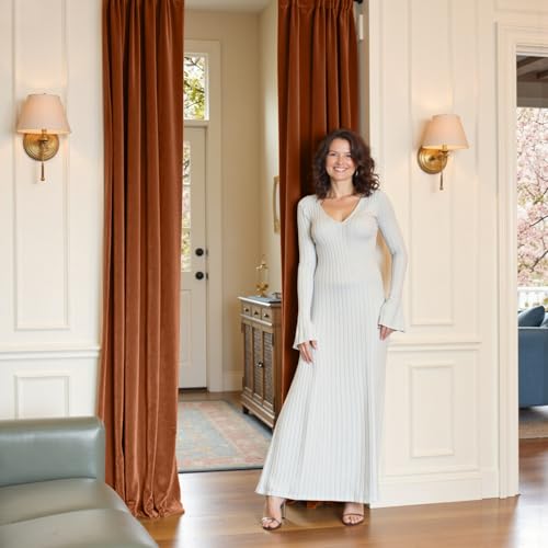 Image of Extra Long Burnt Orange Curtains Back Tab 52x108 Inch 2 Panels | Soft Velvet, Room Darkening, Lined, For Tall Windows & High Ceilings, Light Shifting Texture, Elegant Drape, Luxury