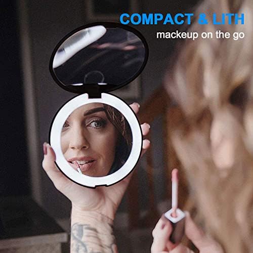 TourKing LED Travel Makeup Mirror, 3.5 inch Lighted Compact Mirror, 1X /10X Magnifying Handheld Illuminated Portable Mirror Double Sided with 10 LEDs Lights (black)