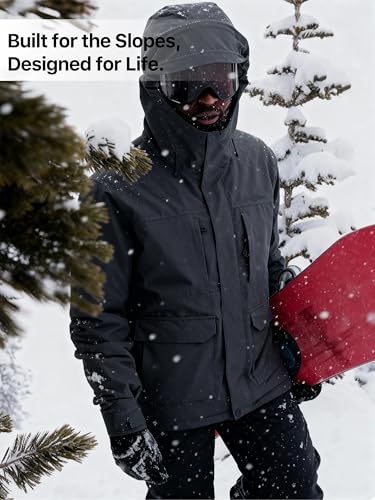 FREE SOLDIER Men's Waterproof Ski Jacket Fleece Lined Warm Winter Snow Coat with Hood Fully Taped Seams(Black,L)