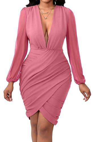 Image of SeNight Women Church Dress Sexy V Neck Dresses Bodycon Black Long Sleeve Mini Dresses