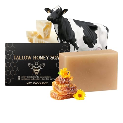 beef tallow soap with Honey - Tallow and Honey Balm Soap Bar Handmade Moisturising Soap for Dry Skin Deep Cleansing & Nourishing Bar for Smooth Radiant Complexion - Soaps for Body & Face 100g (1)