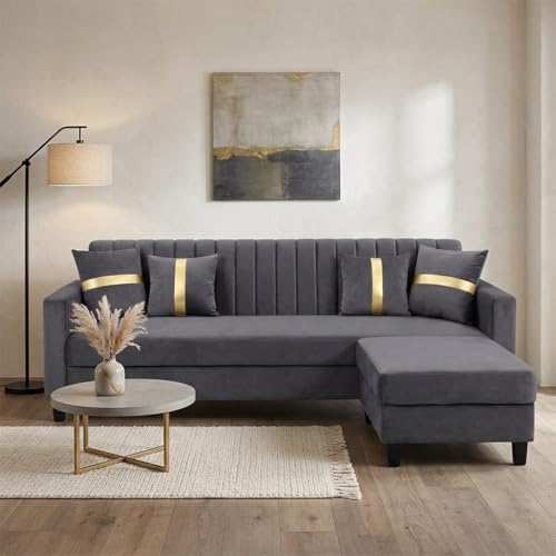 Image of CASASTYLE Korion 4 Seater L Shape Sofa Set with Movable Ottoman | Flexible Left or Right Layout | Cozy Velvet Fabric | Soft Touch Seating | Modern Designer Sofa for Living Room (Dark Grey)