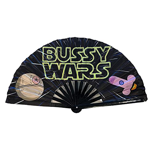PandaTak Bussy Wars Fan - Gay Pride Folding Fan, 13  Black Bamboo Fan, with UV Lights, Funny Fan