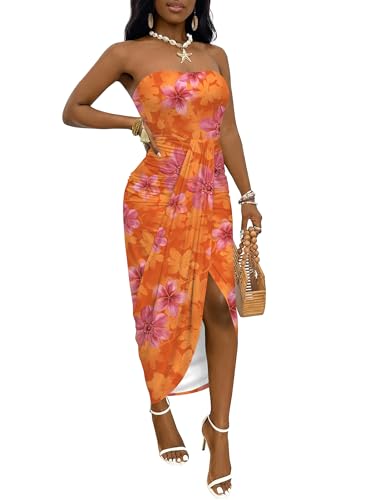 Image of Umenlele Women's Strapless Ruched High Waist Wrap Split Asymmetrical Beach Maxi Long Dress