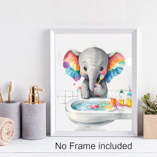 Image of TANXM Kids Bathroom Art Set, Funny Elephant Calf Bathroom Toilet Wall Decor, Baby Elephant Bathroom Rules Art Print for Nursery Kids, Wash Brush Flush Bath Sign Poste,Set of 4 (8 inchX10 inch, Unframed