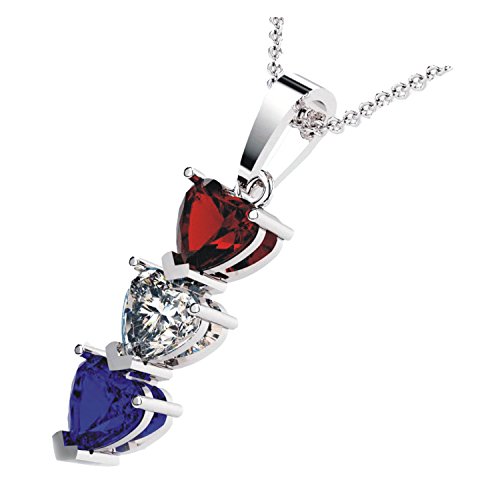 Solid Sterling Silver Three Stone 2.25 Ctw Lab-Grown Ruby, White, Blue Heart Shaped Gemstone Pendant Necklace | Patriotic Pendant #TOP4