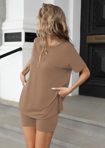 Image of Ekouaer Women's 2 Piece Lounge Set 2026 Summer Biker Shorts Set Outfits Short Sleeve Oversized Top Matching Tracksuit