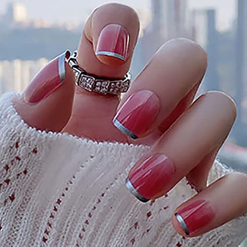 Obmyec french square fake nail pink short press on nails glossy o…