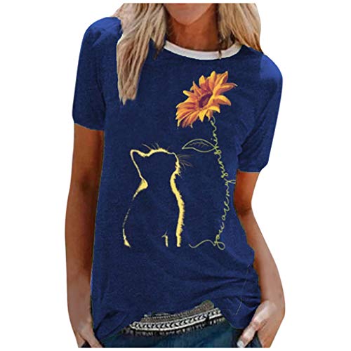 Women Summer Tops Slim Stitching Sunflower Cat Printed Short-Sleeved T-Shirt Blue