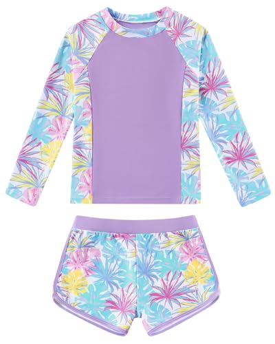 Image of Girls Rash Guard Long Sleeve Swimsuit 2 Piece Bathing Suit UPF 50+ Summer Beach Swimwear for Girl 5-14 Years