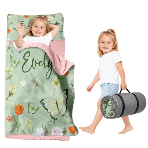 Custom Toddler Nap Mat for Daycare Girls, Personalized Name Roll Up Sleeping Mats with Pillow and Blanket, 2 Extra Large Sizes Easy Carry Kids Slumber Bag for Preschool Kindergarten Butterfly Green
