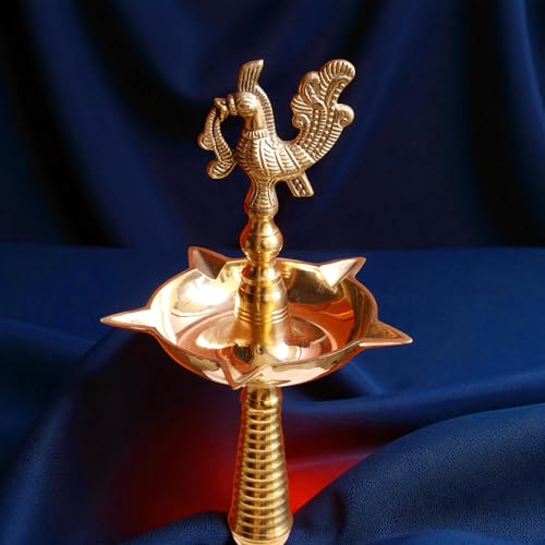 Image of Samai Diya for Pooja Big Size | 16 Inch Premium Kerala Brass Kuthu Vilakku | Peacock Design Panchmukhi Puja Diya, Home Temple & Gifting | Pack of 2 | 865g Each