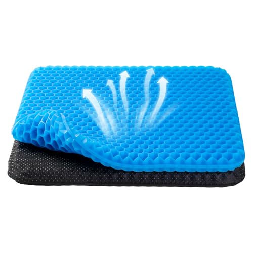VisionSync Cojín de Gel 3.5 cm, Transpirable, refrescante y Lavable, Ideal para Oficina, Coche, Silla de Ruedas, Alivia el Dolor de Espalda y ciática (Azul)