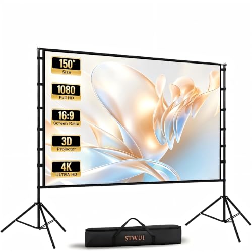 STWUI 150 Inch Projector Screen with Stand, 16:9 4K HD Portable Projector Screen Indoor Outdoor Projection Screens Outdoor Movie Screens with Carry Bag,Enjoy Home Theater