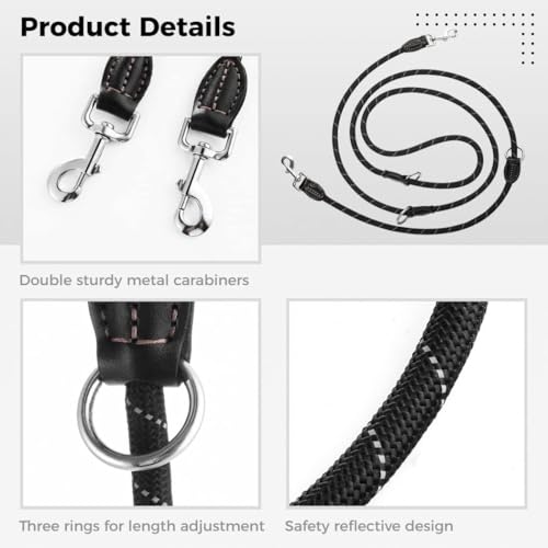 Trhillsbrad Hundeleine 5m x 10mm, 208g, Verstellbare hundeleine jeden Hund, Multifunktionsleine Doppelleine Umhängeleine robust, schwarz