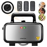 Sandwich Maker 3-in-1, Belgian Waffle Maker and Electric Panini Grill with 5-Gear Temperature and LED Indicator Lights, 3 Sets of Detachable Non Stick Plates, 1200W (Black)