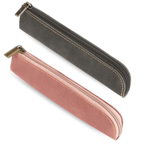 Mozeat Lens Estojo pequeno para lápis, 2 estojos estéticos de pele sintética, Rosa e cinzento, Estilo vintage
