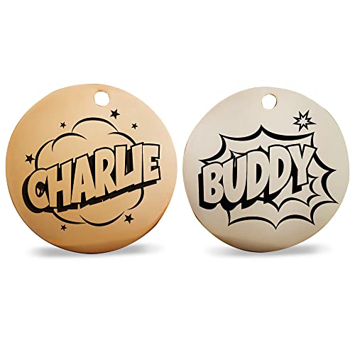 Engraving Pet ID Tags, Personalized Pet ID Tags, Stainless Steel Pet ID Tags, Custom Engraved Dog and Cat Tags, Double Sided, Round Stainless Steel Cartoon