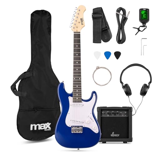 Max GigKit Junior Electric Guitar Starter Kit Blue 3/4 Size Childrens Beginner Electric Guitar Pack with Amplifier Bag Tuner Strap & All Accessories for Kids 8-13 Years